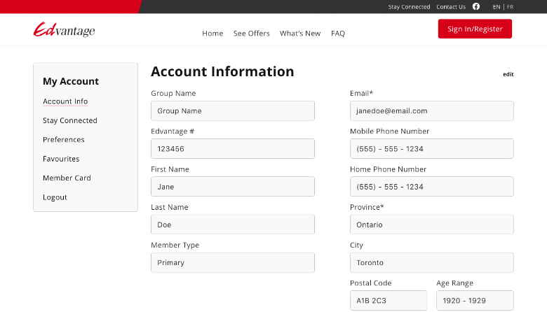 Account information page