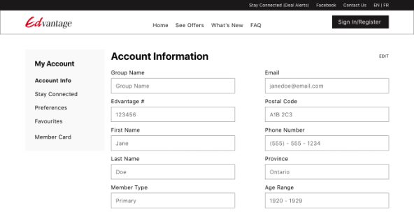 Account Info wireframe