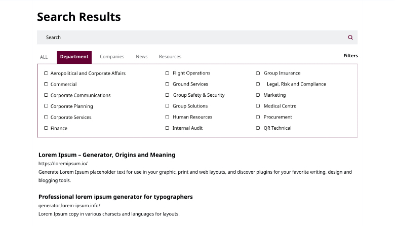 Qatar Airways Intranet Search page