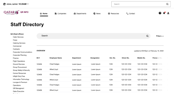 Qatar airways Staff directory Intranet wireframe