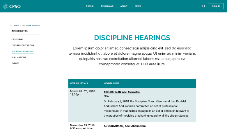 discipline hearings cpso website