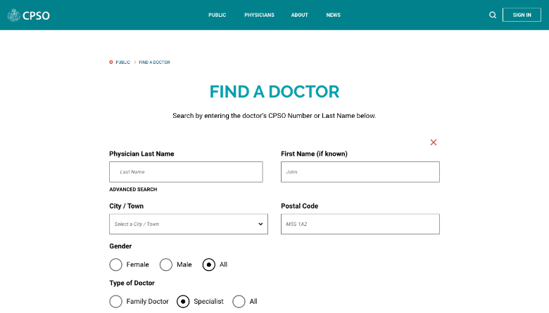 find a doctor cpso website