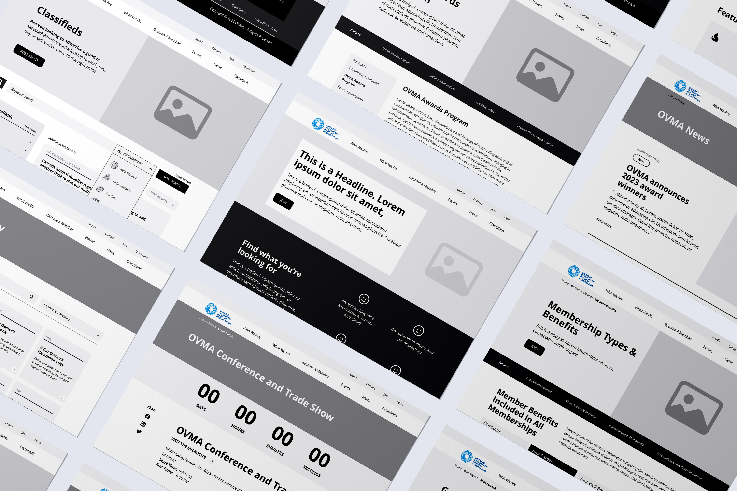 multi-screen layout of UX wireframes